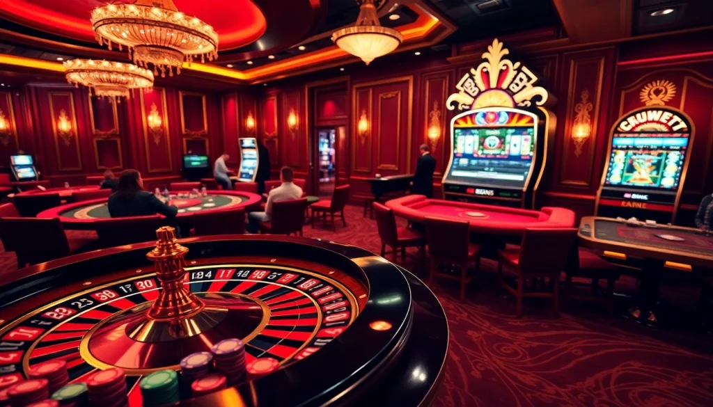 Engage with new88's lively casino scene featuring players at a roulette table, vibrant poker chips, and a glowing slot machine.
