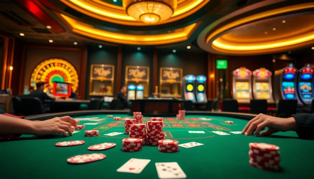 Experience the luxury gaming atmosphere at trang chu lc88 with players enjoying baccarat and dazzling slot machines.