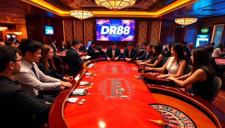 Engage in thrilling casino games at DR88, showcasing diverse players around a vibrant table.