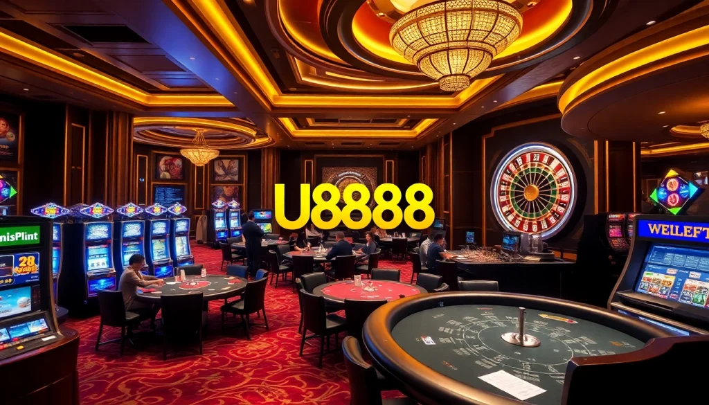 Exciting gameplay at U888 casino with vibrant poker tables, slots, and roulette.