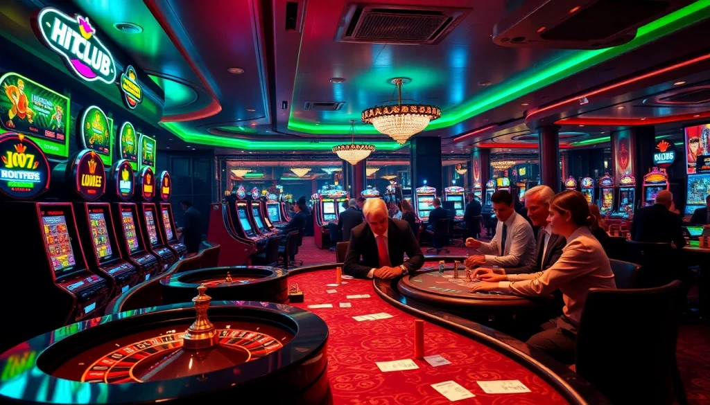 Hitclub gamblers enjoying an exciting game at a vibrant casino with elegant tables and thrilling action.