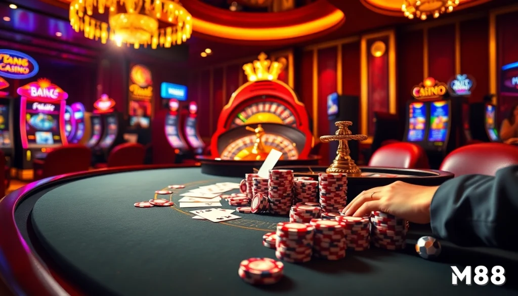MM88 players enjoying a luxurious casino experience with poker chips, cards, and a roulette wheel.