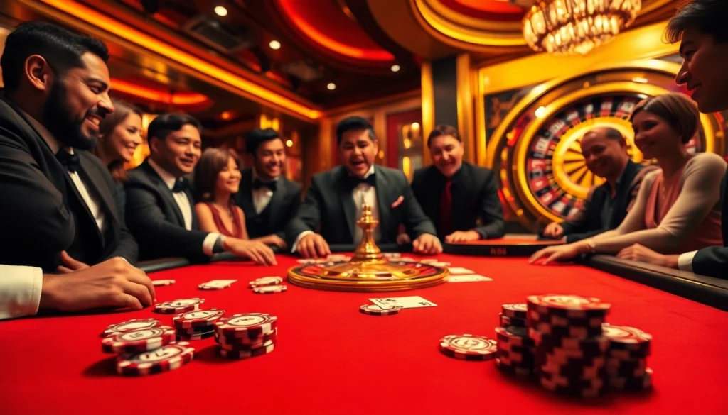 Engaging players at RR88 poker table with vibrant casino ambiance and luxurious decor.