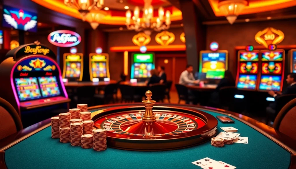 Exciting casino scene featuring players at tables and slot machines, highlighting https://bet88fun.net/.