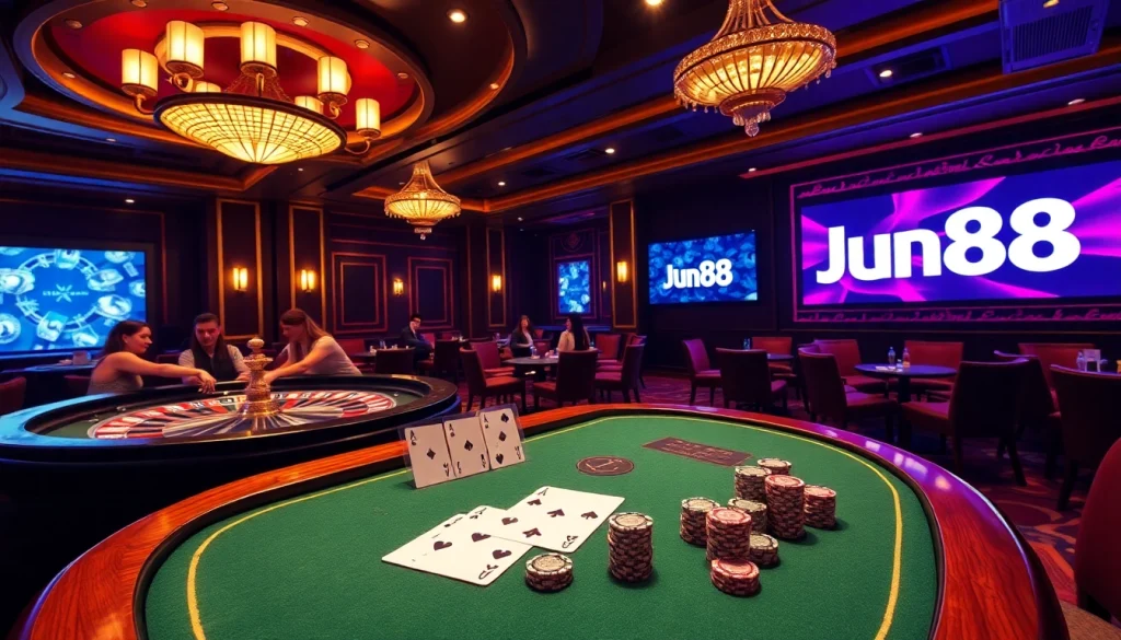 Experience the excitement of Jun88 with players betting at a luxurious casino table.