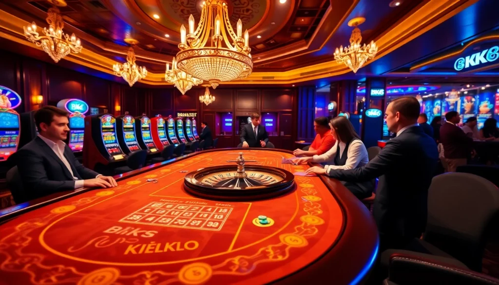 Players engage at a BK8 casino table amidst vibrant slot machines, capturing a thrilling gambling atmosphere.