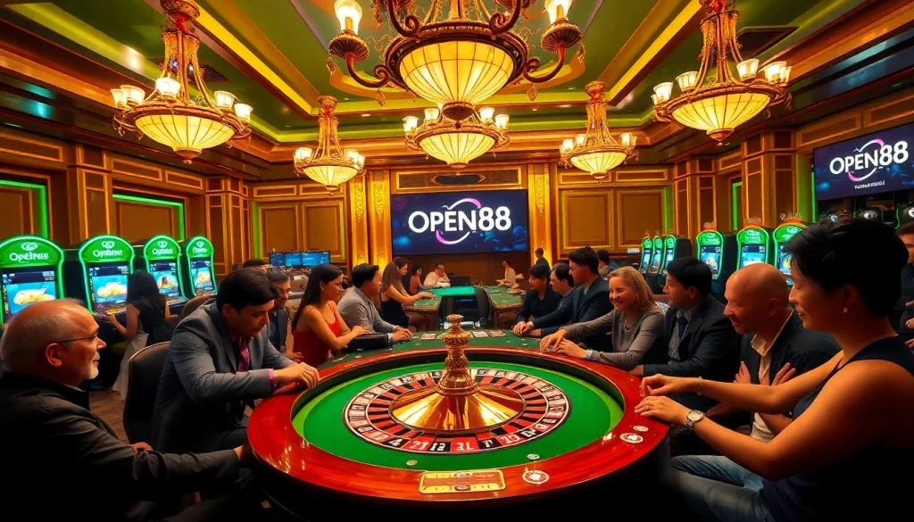 Engaged gamblers enjoying high-stakes poker at OPEN88 casino with vibrant slot machines.