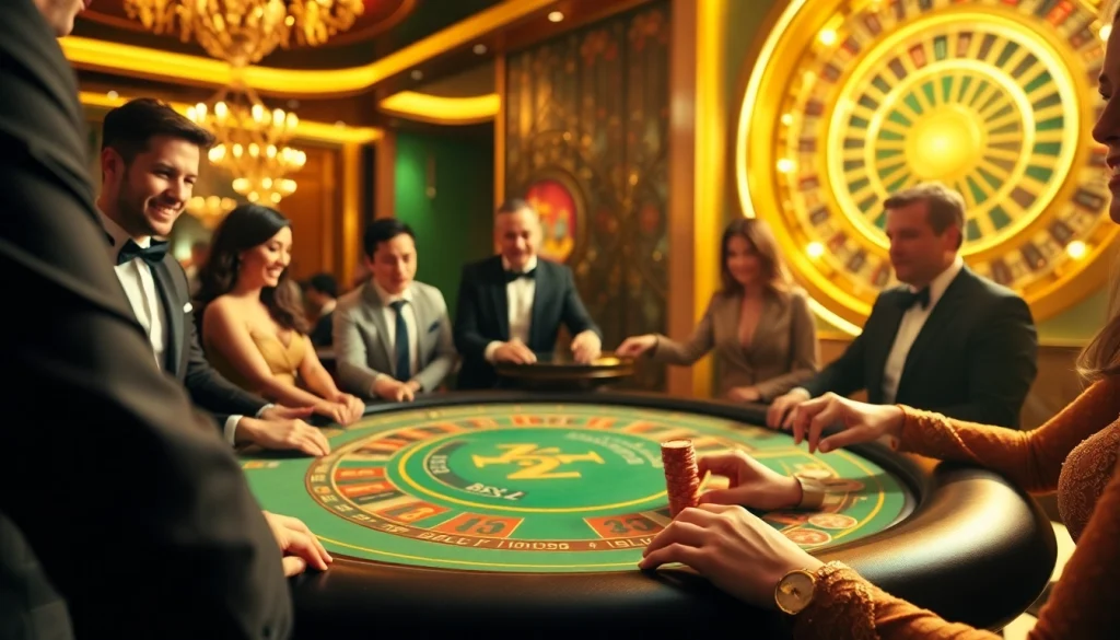 Gamblers strategize and engage at the vibrant b52 gaming table in a luxurious casino setting.