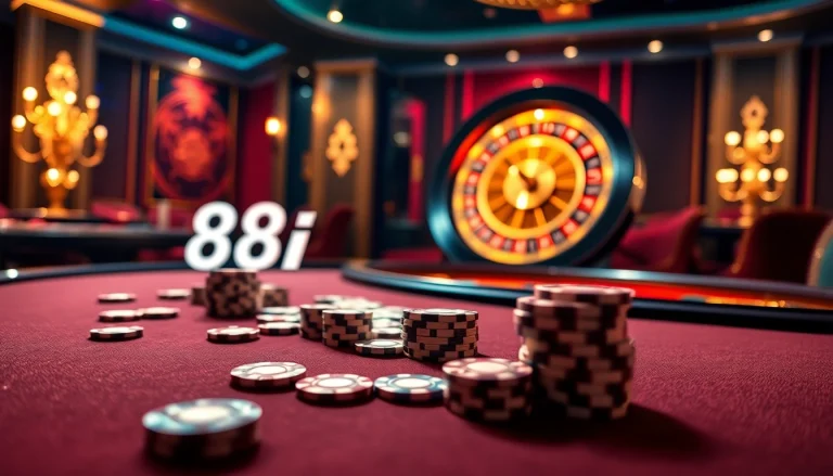 Excited players enjoying poker at a luxurious casino table with the 88i logo, engaging in thrilling wagers.