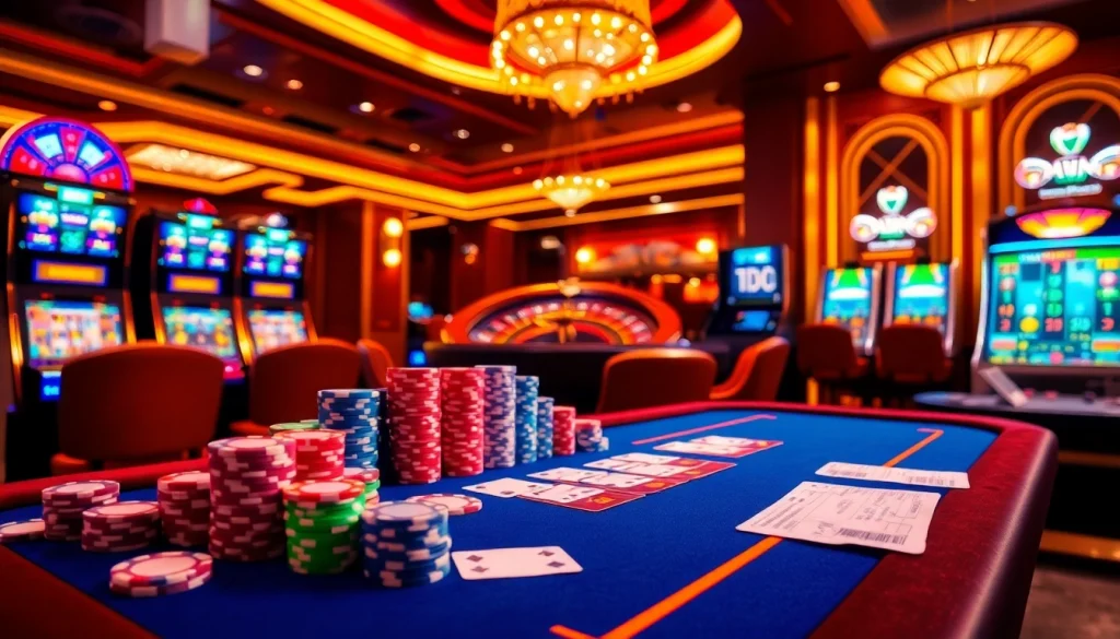 Experience thrilling gameplay at https://luckywin.name featured with vibrant poker chips and casino tables.