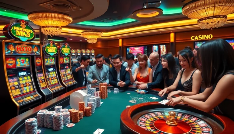 Engaged players enjoying MK8-themed slot machines in a vibrant casino atmosphere.