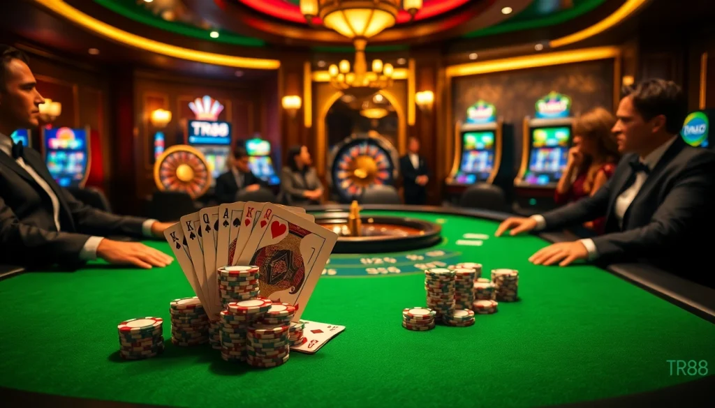 Engaged players showcase strategy at a TR88 poker table in a luxurious casino setting.