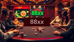 Players strategizing at the poker table in a vibrant casino scene featuring 88xx elements.
