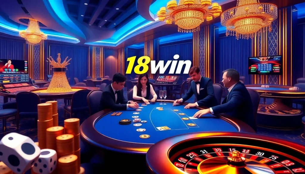 Players enjoying a thrilling poker game at 18win's luxurious casino platform with vibrant atmosphere.