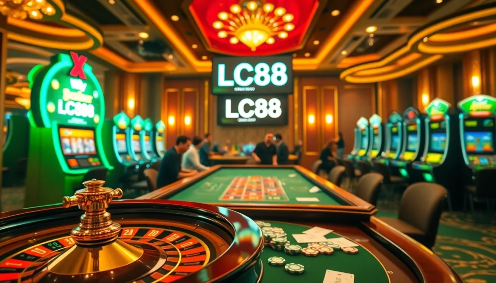 Exciting casino scene with players engaging in games at LC88, showcasing poker and slots.