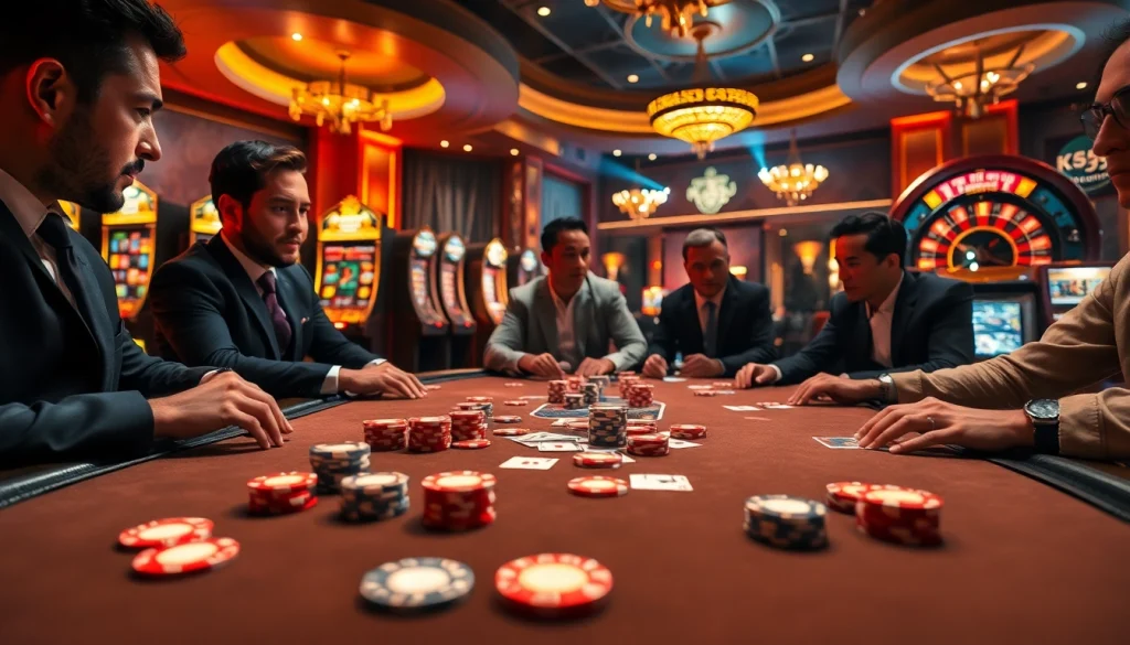 Gamblers at a high-stakes poker table showcasing KK55 excitement with vibrant poker chips and cards.