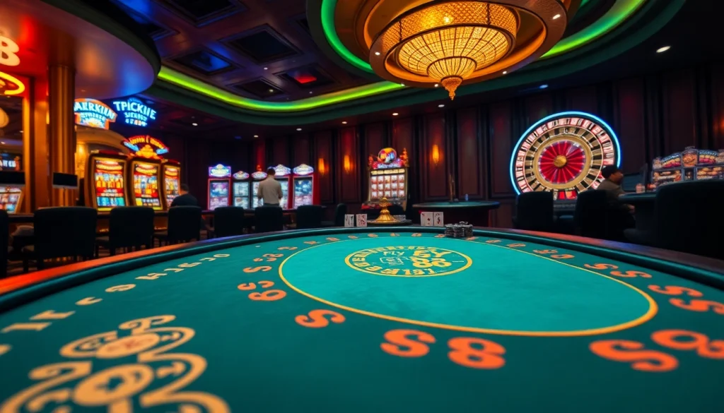 Players strategize at a luxurious casino table in FLY 88, featuring vibrant lights and classic gaming elements.