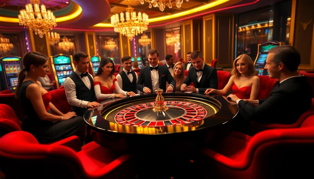 S8 players engaging in a lively casino game with cards and chips in an elegant atmosphere.