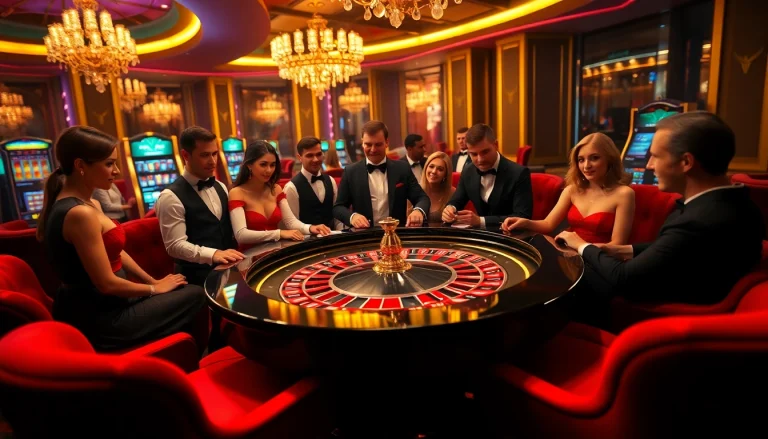 S8 players engaging in a lively casino game with cards and chips in an elegant atmosphere.