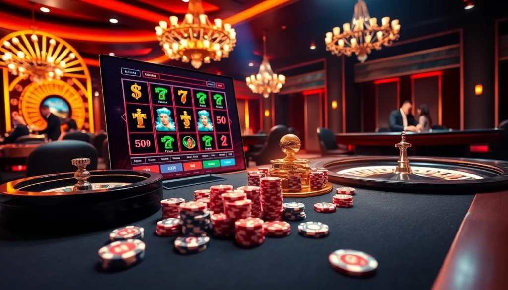 Engaging players at https://rr88c.pro/ in an exciting casino scene with vibrant slot machines and poker chips.