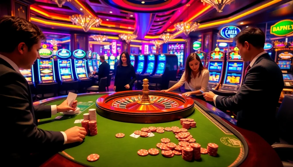 Engaged players enjoying the thrilling game bài đổi thưởng at a vibrant casino table.
