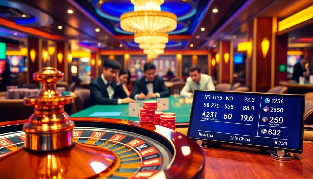 Excited players checking keluaran china results at a luxurious casino table.