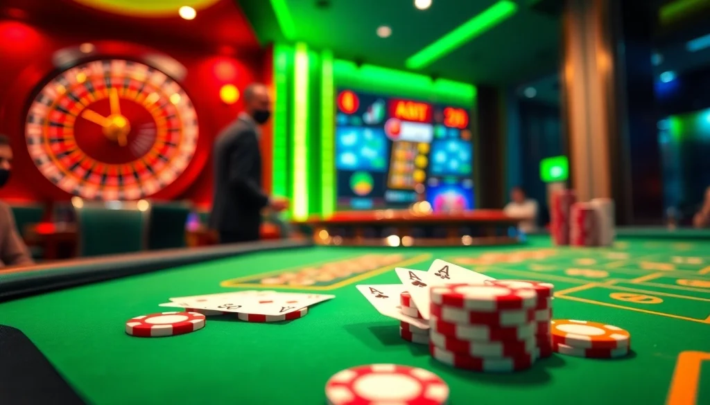 Experience the thrill of gambling with link Jun88 at a vibrant casino gaming table.