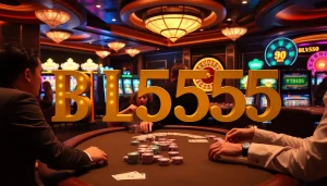 Engaging poker game at BL555 casino with vibrant chips and cards in play.