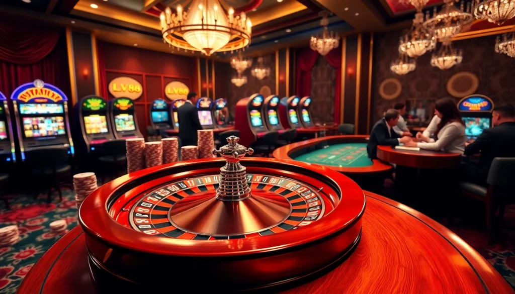 Experience the excitement of LV88 casino with vibrant roulette, poker chips, and slot machines.