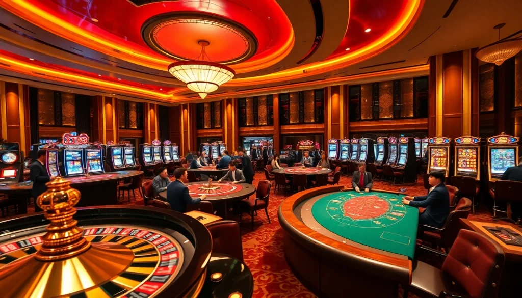 Experience thrilling gameplay with Xin88 in a luxurious casino setting, showcasing roulette, poker, and slot machines.