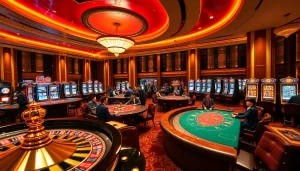 Experience thrilling gameplay with Xin88 in a luxurious casino setting, showcasing roulette, poker, and slot machines.