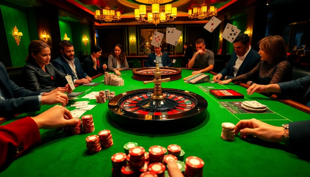 Players engaging in high-stakes action at https://hm88.hiphop/ casino table filled with chips and cards.