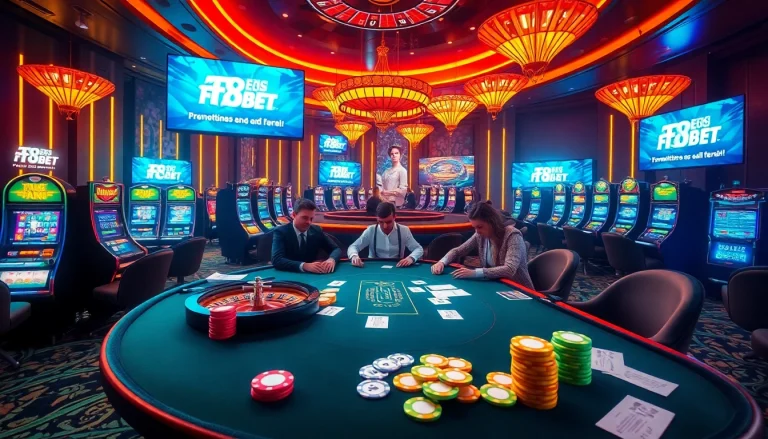 Experience the excitement of F8bet with a high-stakes poker table featuring colorful chips and a spinning roulette wheel.