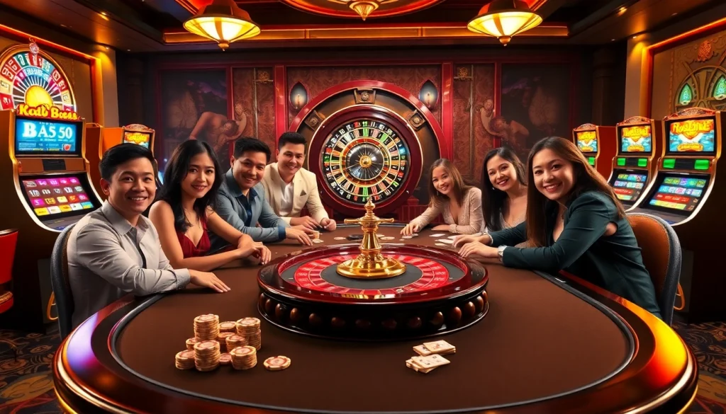 A vibrant casino scene featuring table games and slot machines, highlighting the excitement of KK55.com.