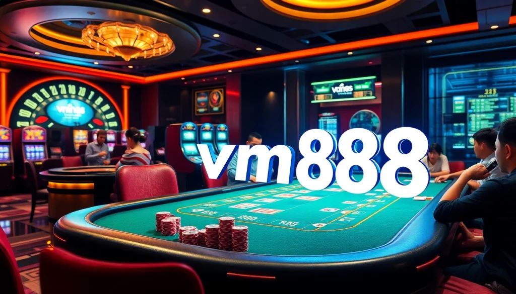 Exciting vn88 casino scene with players at a poker table and vibrant gambling elements.