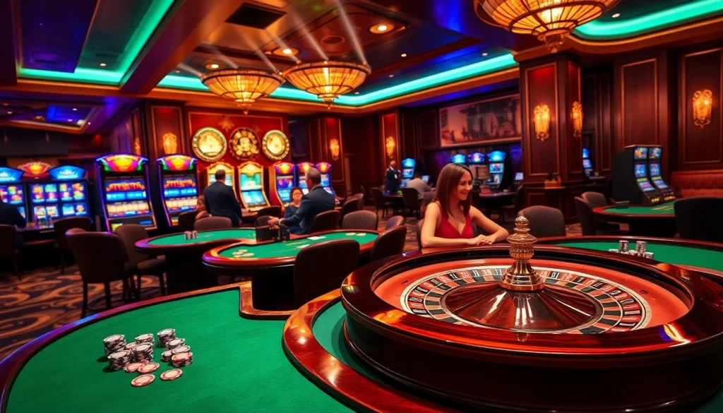 Join the excitement at an upscale casino featuring the thrilling atmosphere of 88xx gaming tables and slot machines.