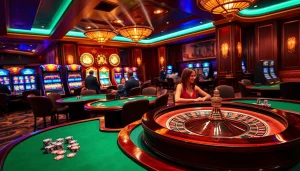 Join the excitement at an upscale casino featuring the thrilling atmosphere of 88xx gaming tables and slot machines.