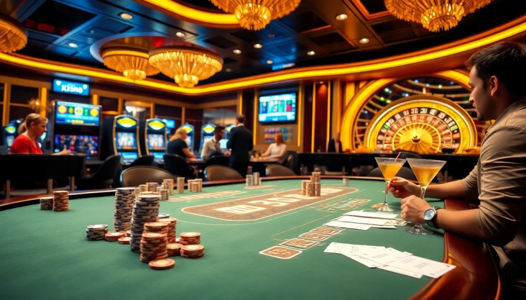 Experience the thrill of betting at https://xx88.nl/ with an exciting casino scene showcasing poker and slot machines.