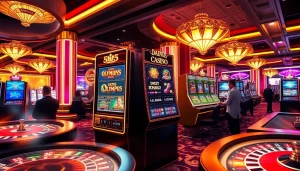 Engage in the exciting atmosphere of QQMacan, featuring vibrant casino visuals and slot games.