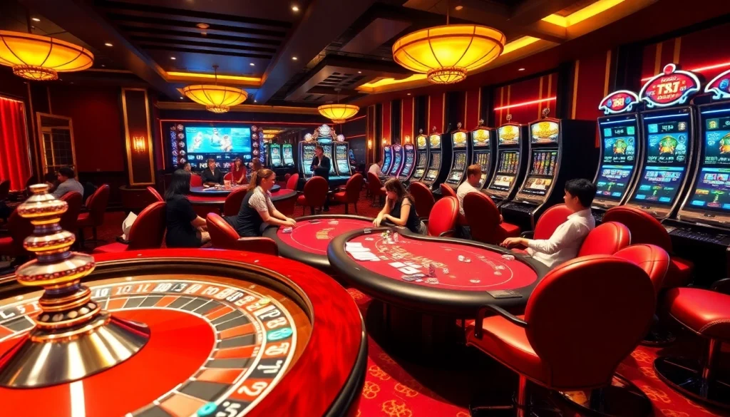 Experience the excitement of TT88 with lively players at a roulette table surrounded by vibrant casino elements.