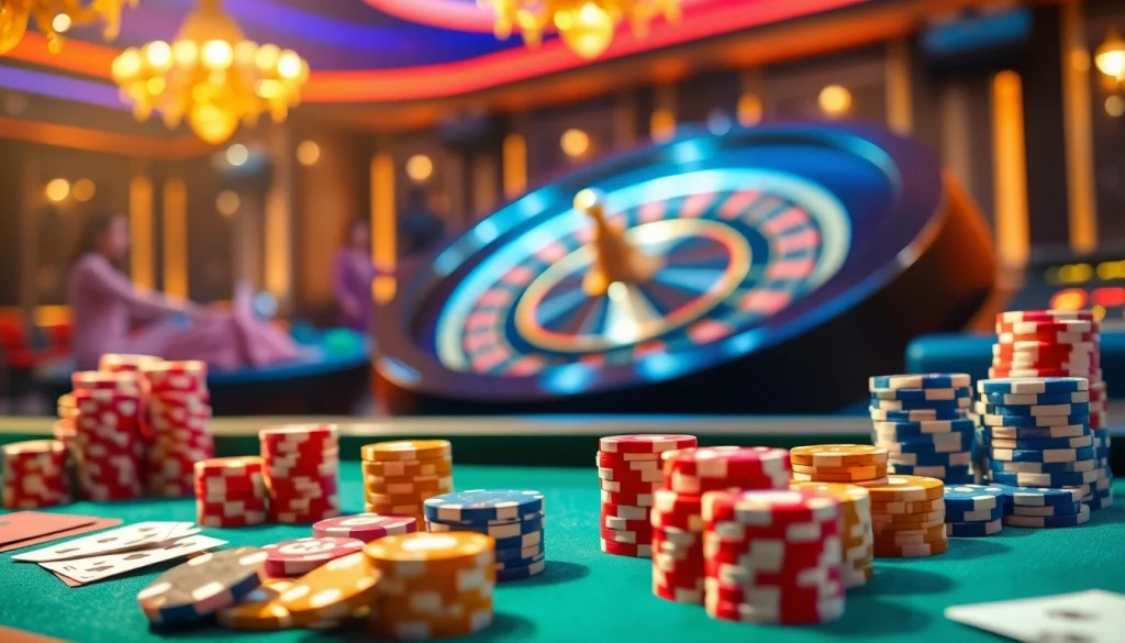 Bắn cá đổi thưởng gameplay featuring vibrant casino elements and excited players in action.