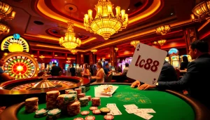 Exciting casino scene showcasing lc88 strategy with poker chips and roulette wheel for gamblers.