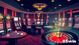 Engage in a thrilling casino atmosphere showcasing vibrant games and the 555win logo, perfect for gamblers.