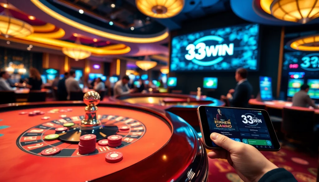 33WIN casino experience with vibrant tables and modern gaming elements offering excitement for players.