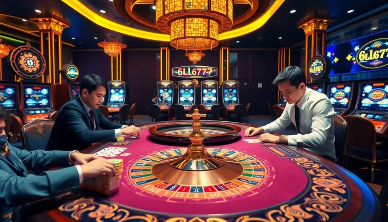 Players enjoy an exciting game at a casino table featuring 6L777 poker chips and cards.