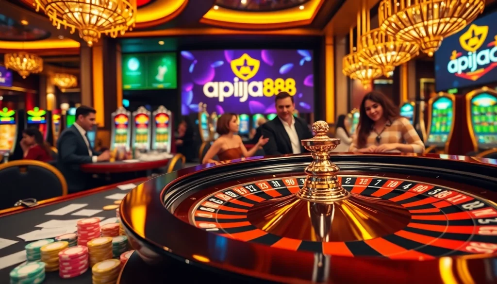 Exciting casino scene featuring players at a roulette table with the apiraja88 logo.