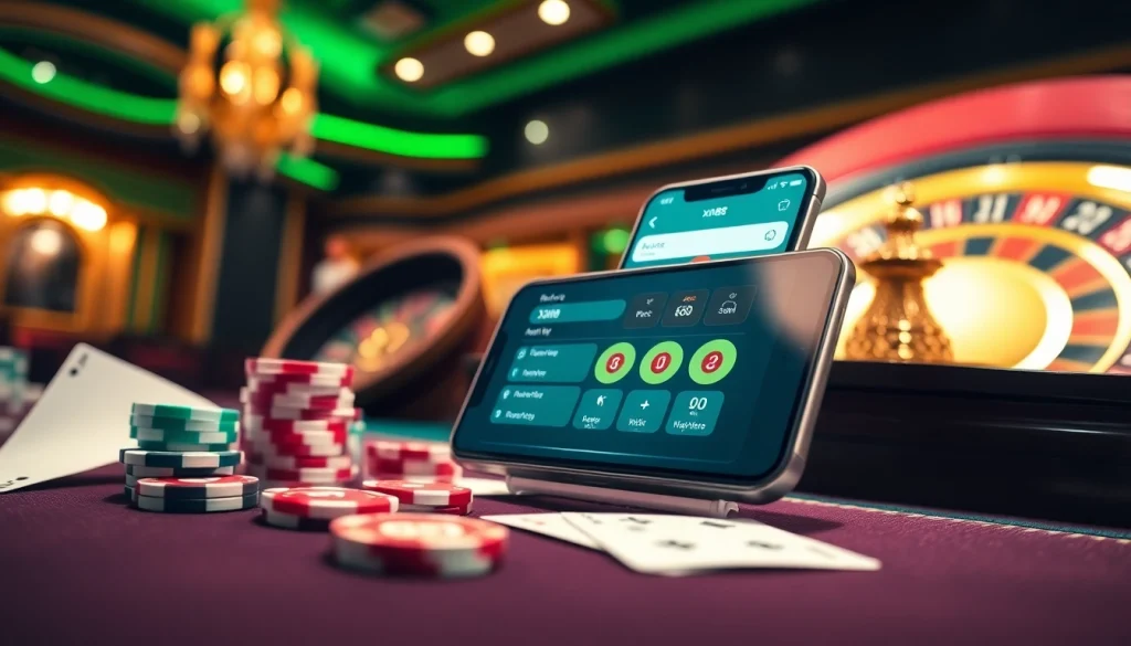 The xn88 app displayed on a smartphone amidst poker chips and a roulette wheel, embodying luxury and excitement in gambling.
