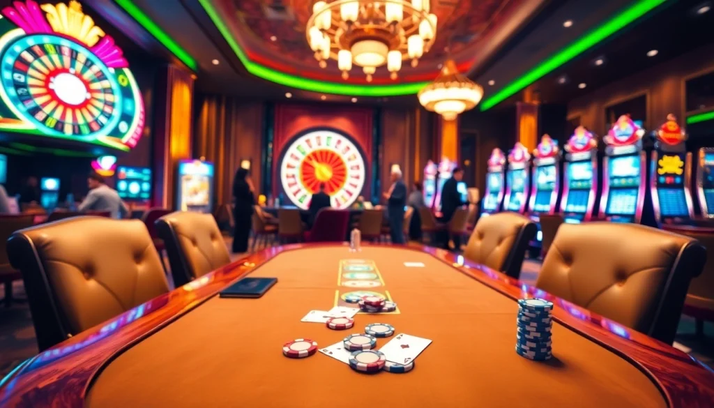 Experience thrilling gameplay at apiraja88 with a vibrant casino atmosphere featuring roulette and slot machines.