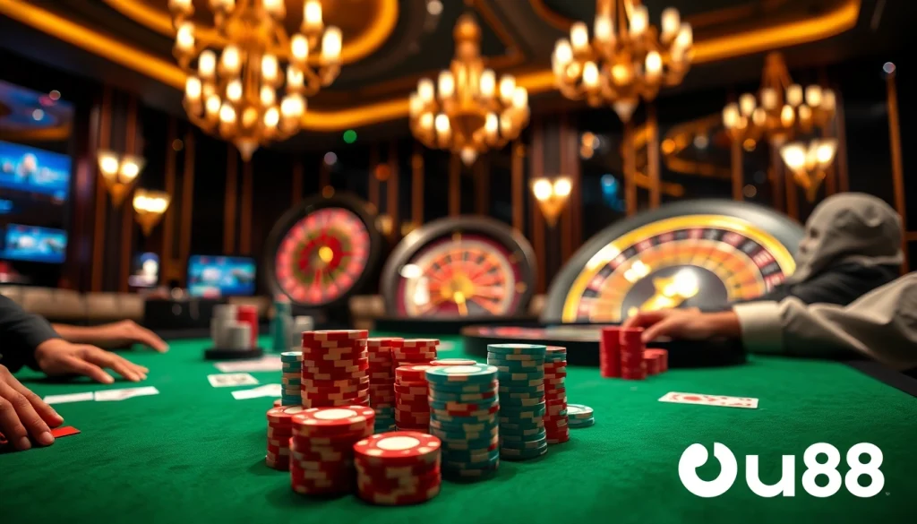 Engaging poker game at uu88 Casino with vibrant chips and cards.