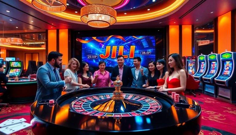 A vibrant casino scene highlighting JILI's exciting gaming experience with players around a roulette table.